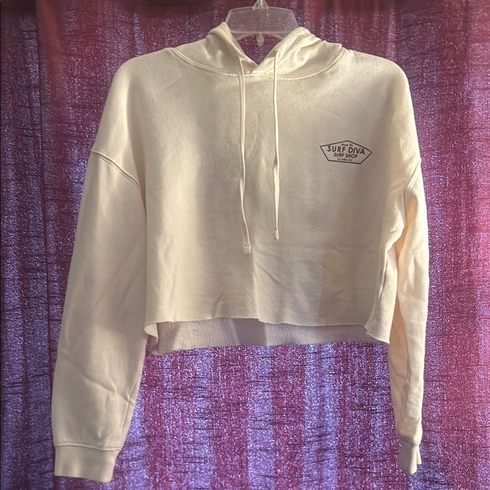 Cream Boxy Cropped Long Sleeve Hoodie